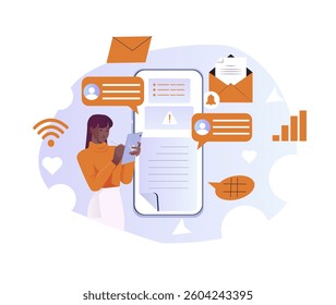 Woman using a tablet with email, chat, and notification icons around a large smartphone screen, flat style on abstract background. Concept of digital messaging. Vector illustration