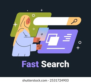 Woman using tablet for fast search modern interface dark background digital concept graphic elements website design