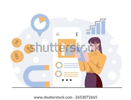 Woman using tablet for finance analysis, with bar charts, magnet, and dollar coins on abstract background. Concept of digital marketing and income growth. Vector illustration