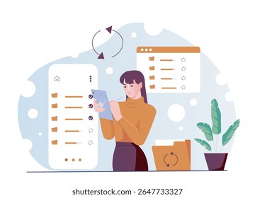 Woman using tablet to manage files, surrounded by interface elements and folders, flat graphic style, blue abstract background. Concept of digital organization. Vector illustration
