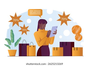 Woman using tablet for online shopping, surrounded by 70 discount signs, packages, and coins on abstract background. Concept of e-commerce and digital retail. Vector illustration
