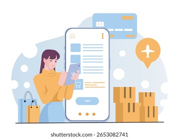 Mulher usando um tablet para compras on-line com uma grande interface de smartphone, caixas de envio e ícones de cartão de crédito em um plano de fundo abstrato moderno. Ilustração vetorial