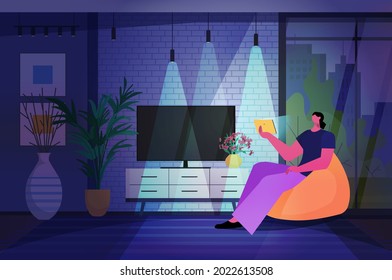 woman using tablet pc in dark night living room social media network online communication concept