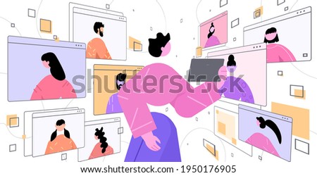 woman using tablet pc discussing with friends during video call virtual conference online communication self isolation