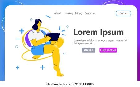 woman using tablet pc girl holding digital gadget social media communication digital addiction concept