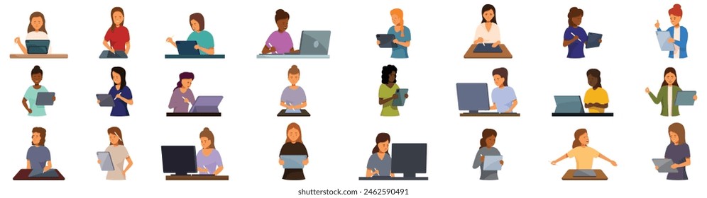 Woman using tablet pen vector. A group of people are sitting at desks and using laptops. The people are of different races and genders