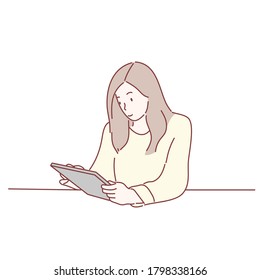 Frauen mit Tablette. Lesen von E-Book, Film ansehen, Online-Bildungskonzept. Handgezeichneter, flacher Vektor.