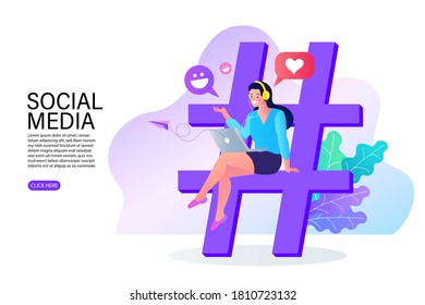 Woman using tablet and for sending posts and sharing them in social media. Hashtag concept illustration. Flat vector