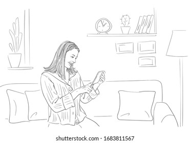 Woman using tablet and smile, sitting on sofa in comfortable relaxing home atmosphere, self isolation at coronavirus quarantine time, Hand drawn linear illustration Vector sketch