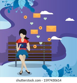woman using tablet with social media app vector illustration design