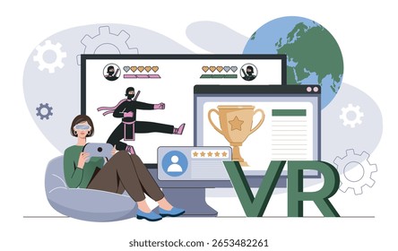 Mulher usando um tablet e usando fone de ouvido VR enquanto joga um jogo de combate ninja, com troféus digitais e classificações em telas, conceito de tecnologia futurista. Ilustração vetorial
