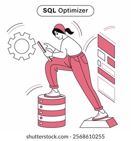 A woman is using a tablet while standing on a stack of disks. The image is titled "SQL Optimizer" and features a woman in a pink outfit