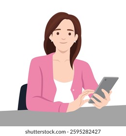 Woman Using Tablet at Work, sits at a desk, engaged with her tablet, appearing focused and relaxed. Flat vector illustration isolated on white background