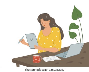 woman using tablet at work table, bussy woman vector illustration, desk, businesswoman, 
entrepreneur.