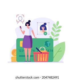 Woman using technology face recognition for payment. Client shopping online with biometric. Concept of face payment, facial recognition, customer identification. Vector illustration in flat design