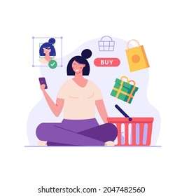 Woman using technology face recognition for payment. Client shopping online with biometric. Concept of face payment, facial recognition, customer identification. Vector illustration in flat design