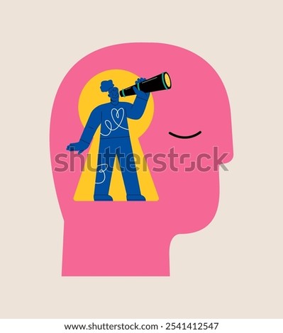 Woman using telescope to look into the distance Self-discovery. Colorful vector illustration
