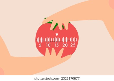 A woman is using tomato timer, businessman is using tomato timer vector, deadline approaching vector, productivity worker vector, cute tomato countdown clock vector, flat design of red tomato clock.