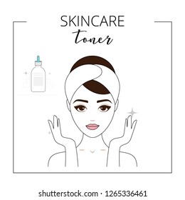 Woman using toner, taking care about face. Lined vector illustration. 