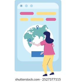 Woman using travel mobile app vector icon