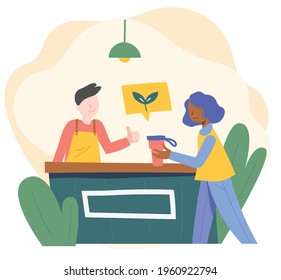 A woman using a tumbler instead of a disposable cup in a cafe. flat design style minimal vector illustration.