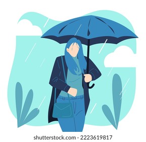 woman using umbrella when it rains. isolated blue background, clouds, leaves. suitable for weather themes, seasons, etc. flat vector illustration