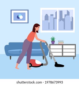 Woman using vacuum cleaner cleaning living room in flat design. House clean concept. 