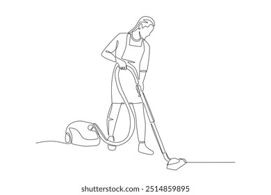 Woman using vacuum cleaner cleaning house. Doing house chores concept one-line drawing