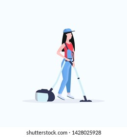 woman using vacuum cleaner female janitor in uniform cleaning service floor care concept flat full length white background