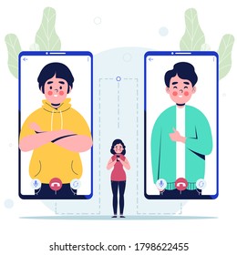 Frauen, die eine Videoanruf-App mit Freunden verwenden. Flaches design, Vektorgrafik