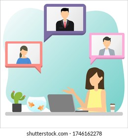 Woman using video conference with her boss and colleague. They discussing about new plan. In work from home and new normal concept.