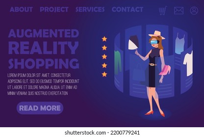 Woman using virtual augmented reality glasses for choosing clothes. Virtual and augmented reality for business website or landing page, flat vector illustration.