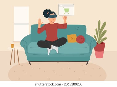 A woman using virtual reality glass technology in her home, illustration concept.