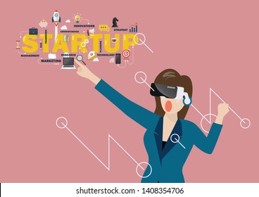 Woman using virtual reality headset. vector illustration