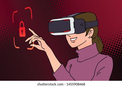 woman using virtual reality headset with lock icon ,illustration vector