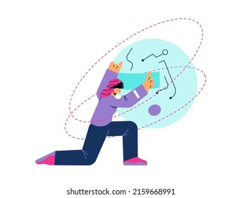 Woman using virtual reality headset and interacting with metaverse space, flat vector illustration isolated on white background. VR computer generated environment.