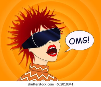 Woman using the virtual reality headset. Vector illustration.
