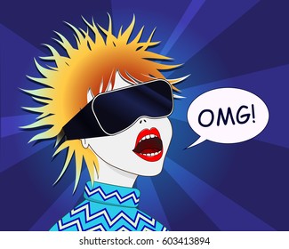 Woman using the virtual reality headset. Vector illustration