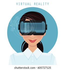 Woman using virtual reality headset glasses.