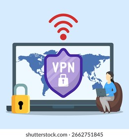 A woman using VPN for her computer to browsing. User protecting personal data with VPN service. Concept of virtual private network.