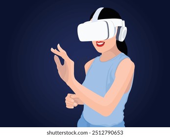 Una mujer que usa un auricular de realidad virtual demuestra el uso innovador de la tecnología de realidad virtual para usos múltiples. El escenario enfatiza la naturaleza inmersiva e interactiva del aprendizaje moderno. Vector