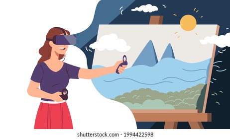 Woman using VR headset and controllers. Creative artist using virtual reality to paint and study painting controller to draw. Modern technology VR goggles education concept flat vector illustration
