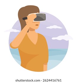 Woman is using a vr headset, experiencing a virtual reality simulation of a peaceful sea view