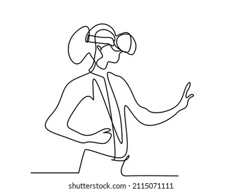 woman using vr realistic glasses touching something with her hand