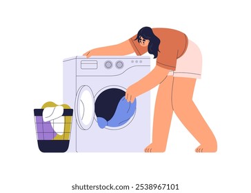 Woman using washing machine, loading clothes in open door from basket. Household chores. Female character doing laundry, housework with washer. Flat vector illustration isolated on white background
