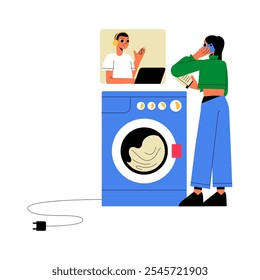 Woman Using Washing Machine While Video Calling In Flat Vector Illustration Symbolizing Laundry Routine And Communication, Isolated On White Background