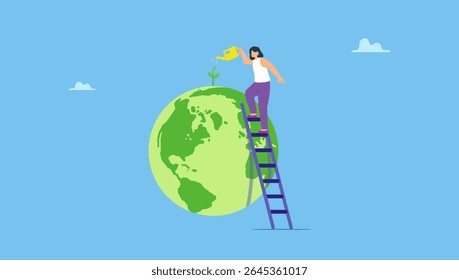 Woman using watering can to water growing seedling on the sustainable globe. Sustainability, ESG, green solutions or clean energy, green renewable energy, reuse or recycling ecosystem, green company.
