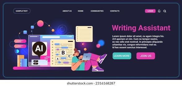 mujer que usa aplicación de asistente de escritura con ai helper bot copia escritura tecnología de automatización escaneo errores y reportar texto