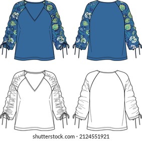 Woman V neck blouse with gathering detail fashion CAD, long balloon sleeved top with bows sketch, technical drawing, flat, template. Jersey or woven fabric blouse with front, back view, white color