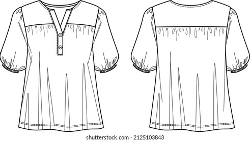 Woman V neck blouse with gathering detail fashion CAD, short balloon sleeved top with button sketch, technical drawing, flat, template. Jersey or woven fabric blouse with front, back view, white color